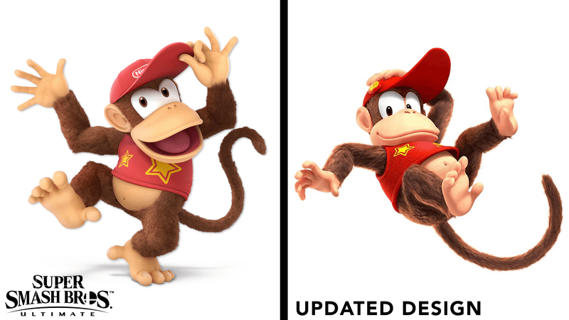 A comparison between Diddy Kong's new design and his model from Super Smash Bros. Ultimate