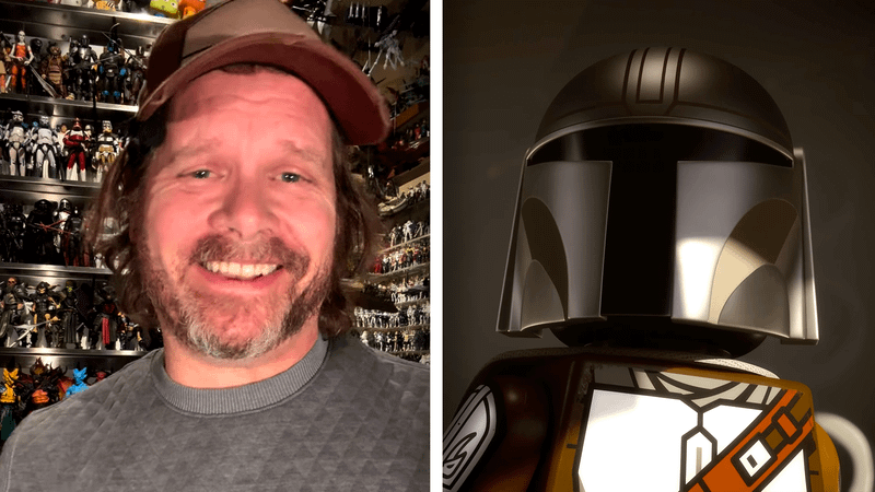 Gavin Hammon actor with LEGO Mandalorian in LEGO Star Wars: The Mandalorian.