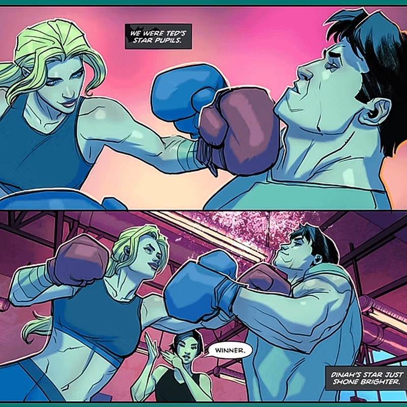 Black Canary defeating Bruce Wayne in a boxing match.