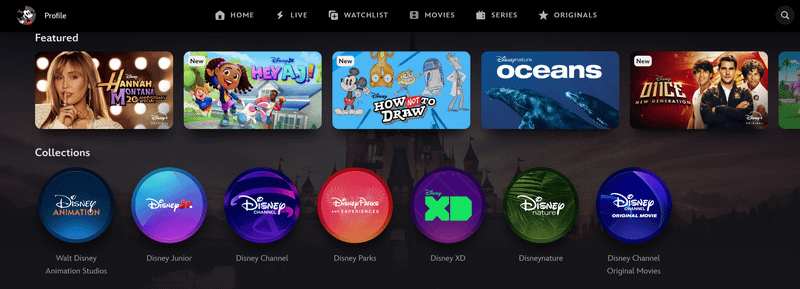 Disney Plus App Disney Studios section with Featured content and Collections
