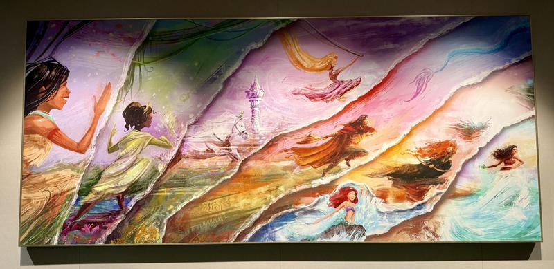 art piece from Disney Adventure featuring Pocahontas, Tiana, Rapunzel, Raya, Ariel, Merida, and Moana.