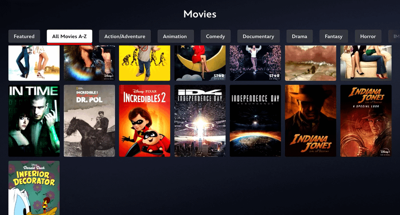 Disney+ old A-Z search function on platform.