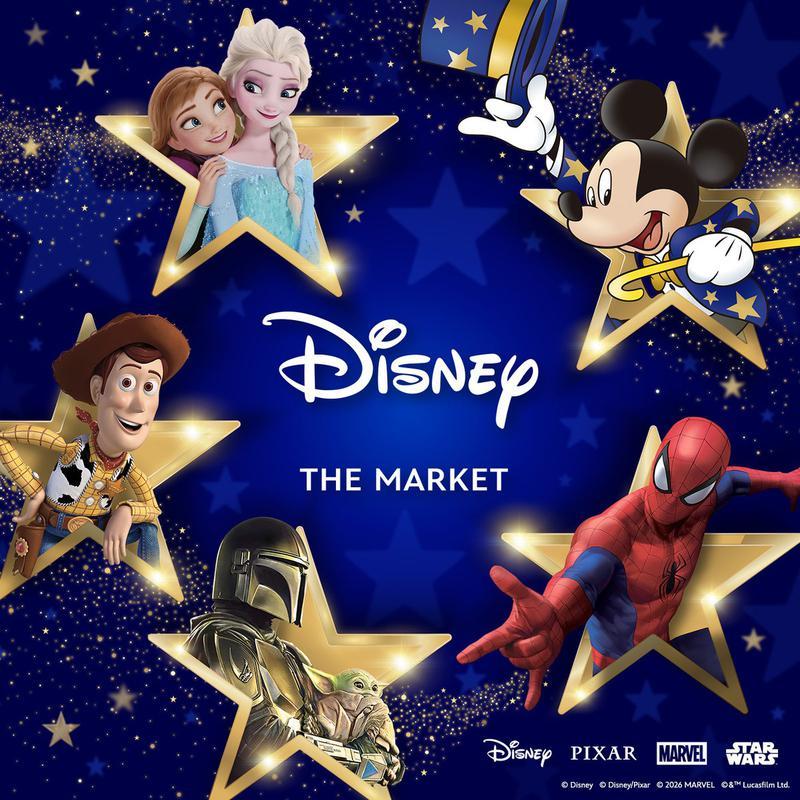 Disney displays Spider-Man, Mickey Mouse, Mandalorian & Grogu, Woody, alongside Anna and Elsa.
