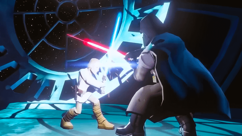 Luke and Darth Vader battling in Disney Infinity.