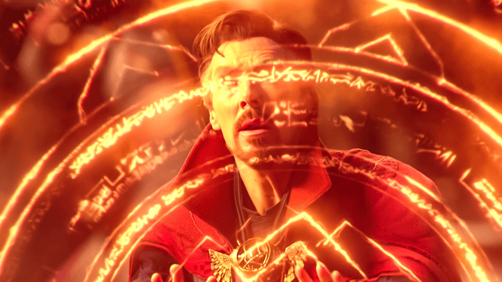 Doctor Strange using Eldritch magic to create an orange shield with runes on it in front of him.