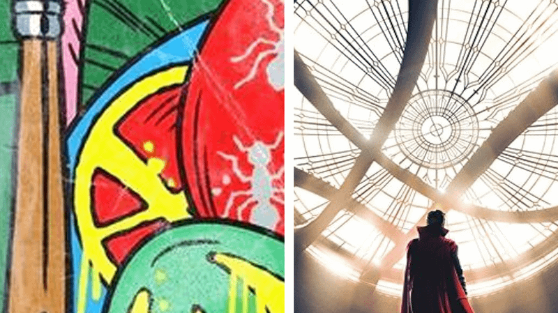 Image of the Sanctum window painted on an Easter egg alongside image of Doctor Strange standing inside the Sanctum Sanctorum.