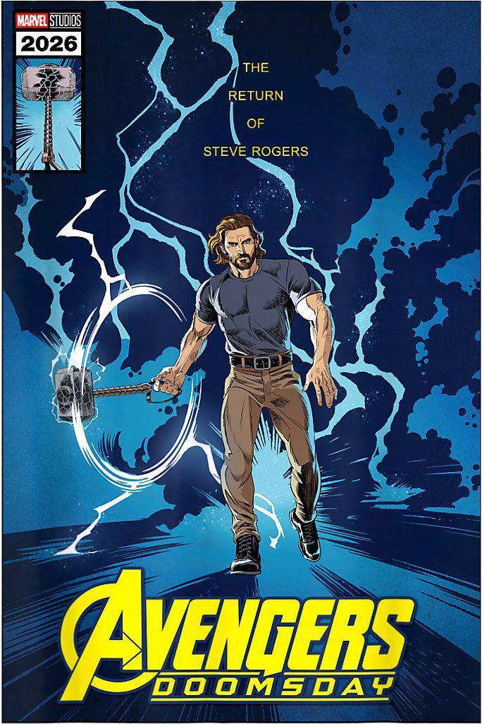 Steve Rogers wields Mjolnir.