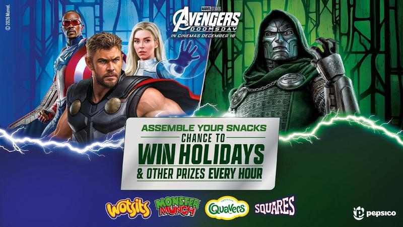 Pepsico Avengers: Doomsday marketing banner Captain America, Thor, Invisible Woman, Doctor Doom.