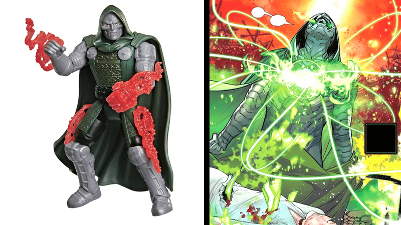 Doctor Doom's red magic in Avengers: Doomsday next to his green magic from Marvel Comics.