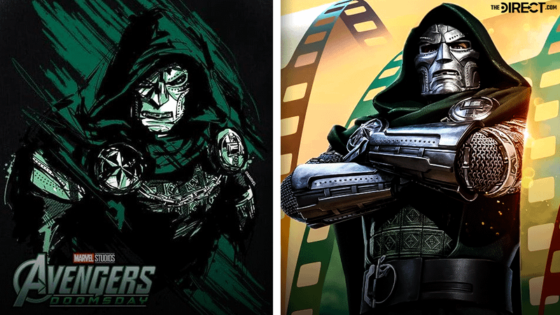 Robert Downey Jr Doctor Doom suit in Avengers Doomsday vs. promo art from merch.