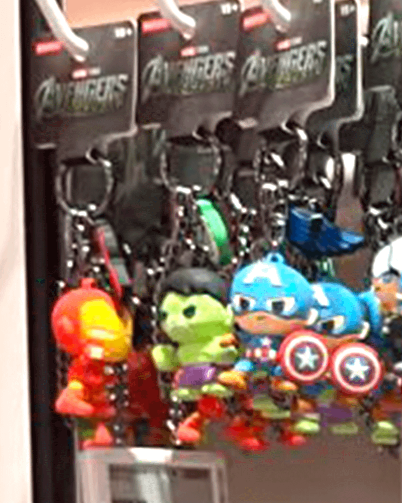 Iron Man, Captain America, and Hulk keychains.