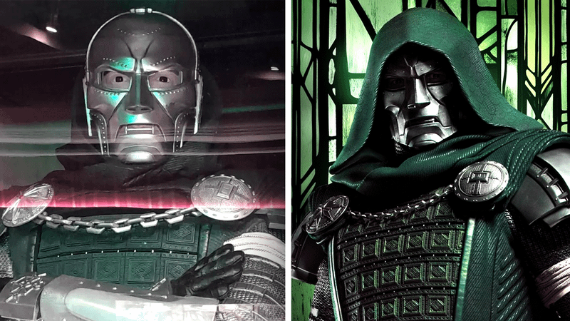 Doctor Doom statue next to Doctor Doom promotional image from 'Avengers: Doomsday.'