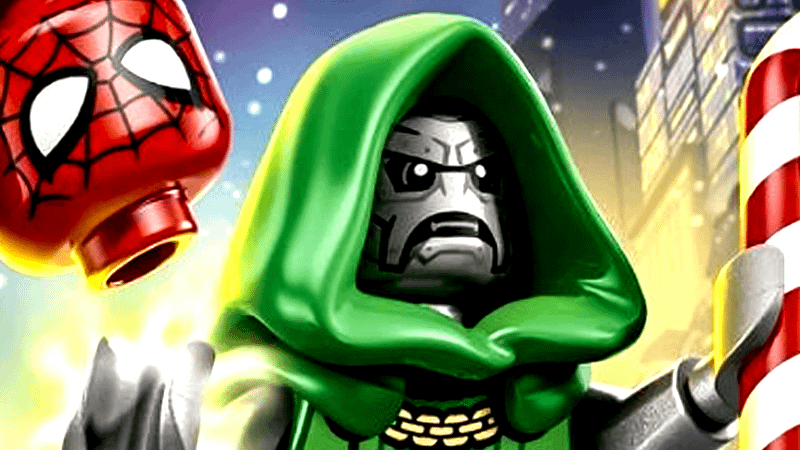 LEGO versions of Spider-Man and Doctor Doom.