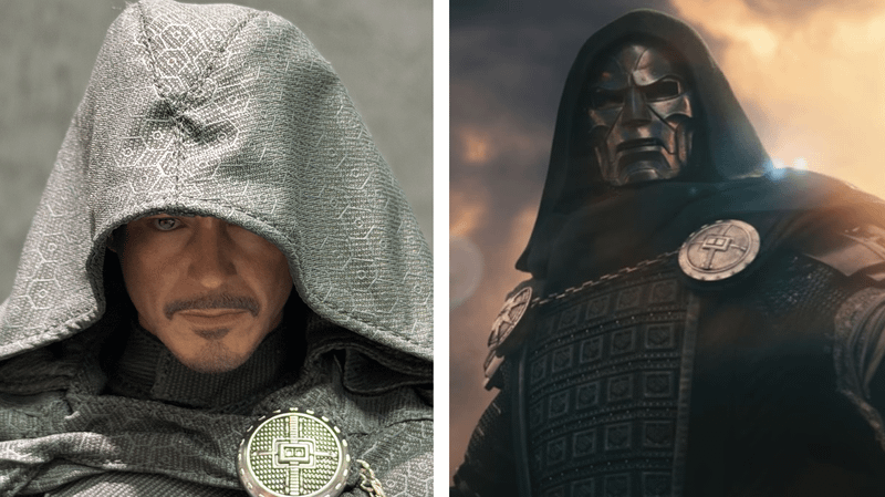 Doctor Doom from Avengers: Doomsday with his mask off next to him with it on.