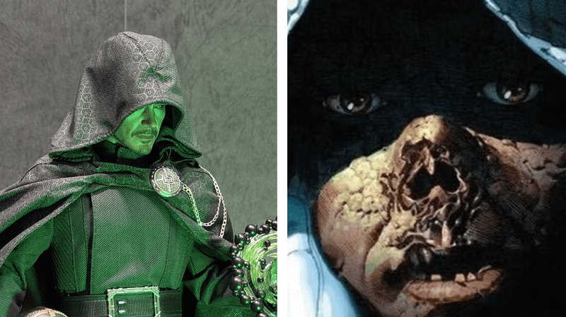 Doctor Doom's face next to a disfigured one in Marvel Comics.