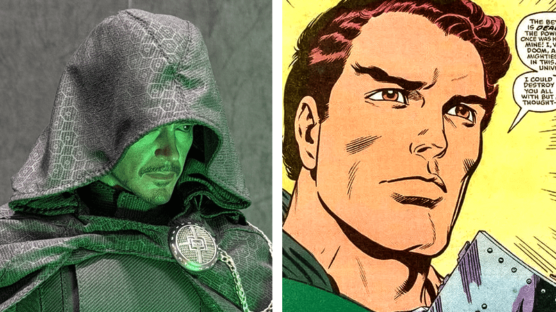 Doctor Doom from Avengers: Doomsday next to his comic book counterpart