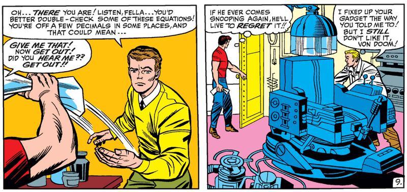 Panels from Fantastic Four annual issue showing Reed Richards attempting to correct Victor von Doom's calculations.