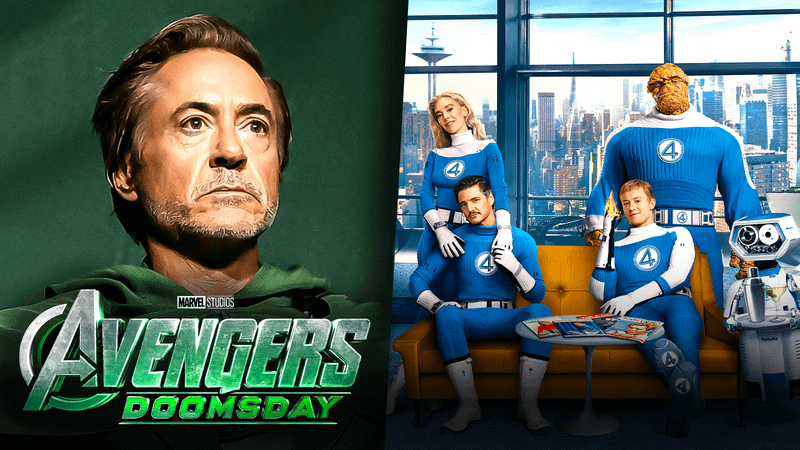 Robert Downey Jr., Avengers: Doomsday title card, Vanessa Kirby (Sue Storm), Ebon Moss-Bachrach (The Thing), Pedro Pascal (Reed Richards), Joseph Quinn (Johnny Storm), and HERBIE in The Fantastic Four