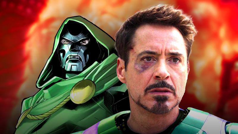 Robert Downey Jr. as Tony Stark in green and purple Iron man armor next to a picture of Doctor Doom from Marvel Comics