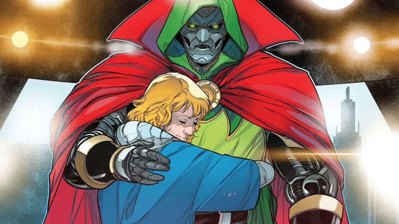 Valeria hugging Doctor Doom in Marvel Comics.
