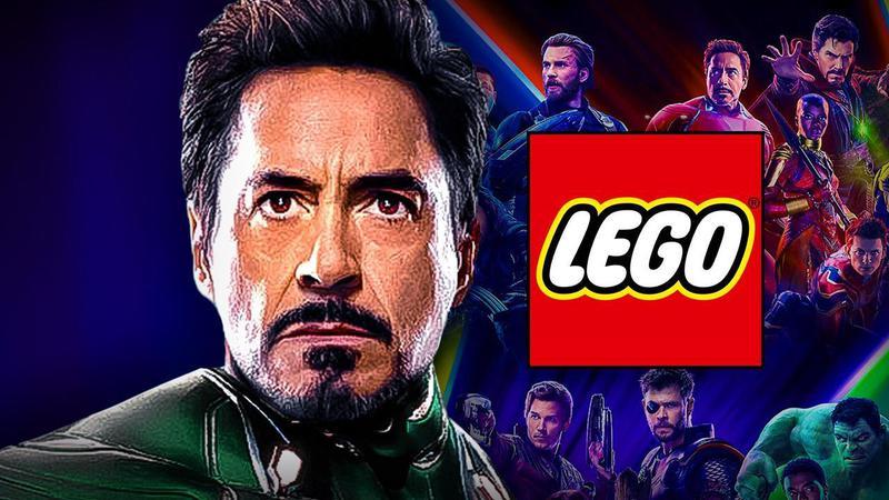 Robert Downey Jr as Doctor Doom, Avengers posters, LEGO logo.