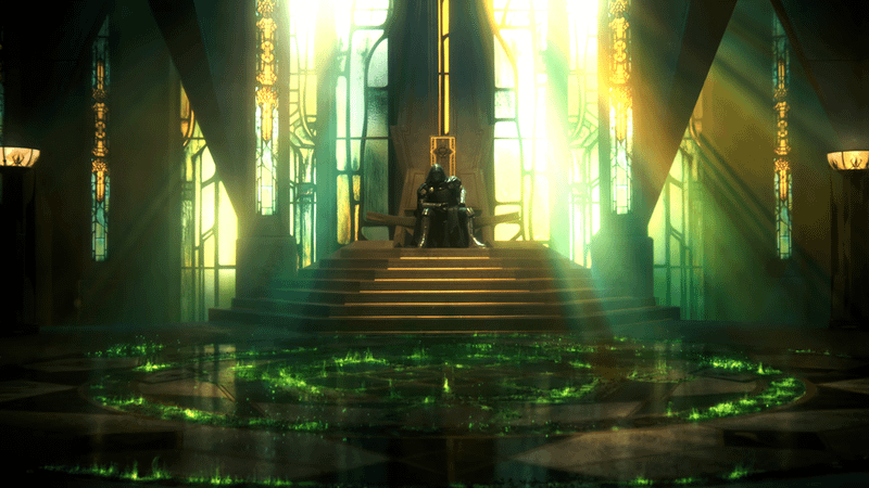 Doctor Doom sitting on his throne with green magic on the floor.