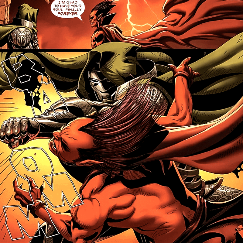 Doctor Doom fighting Mephisto in Marvel Comics.