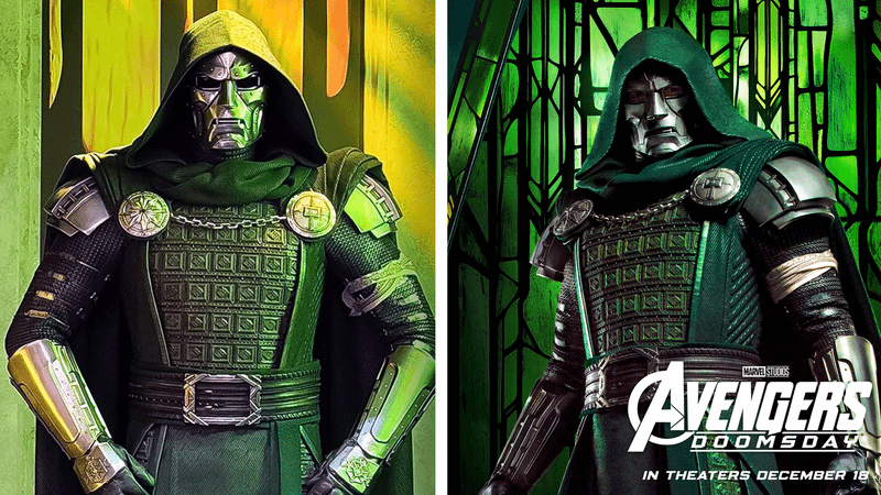 Doctor Doom costume at San Diego Comic Con alongside Pop Secret image.
