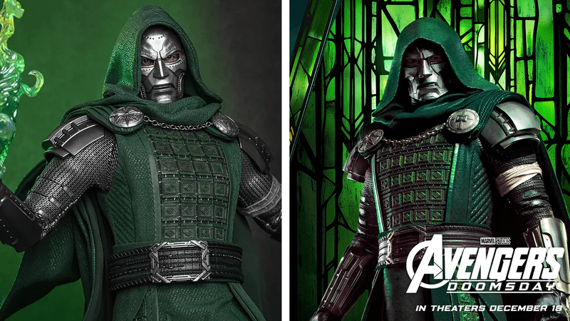 Hot Toys' Doctor Doom figure alongside Pop Secret's Doctor Doom art.