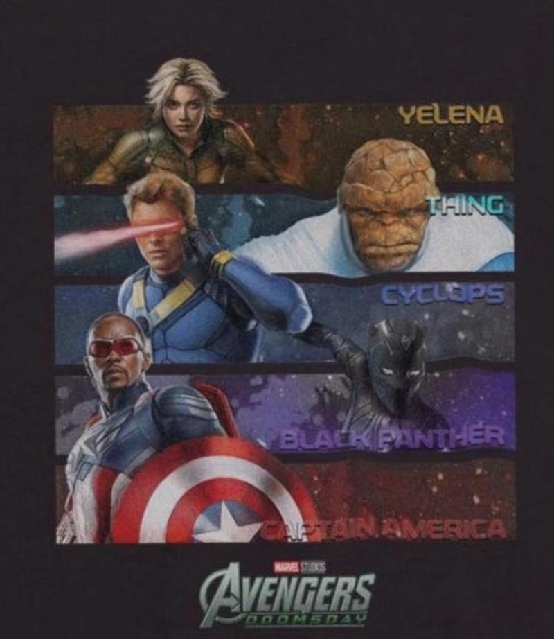 A new Avengers: Doomsday poster with Yelena, the Thing, Cyclops, Shuri, and Sam Wilson.