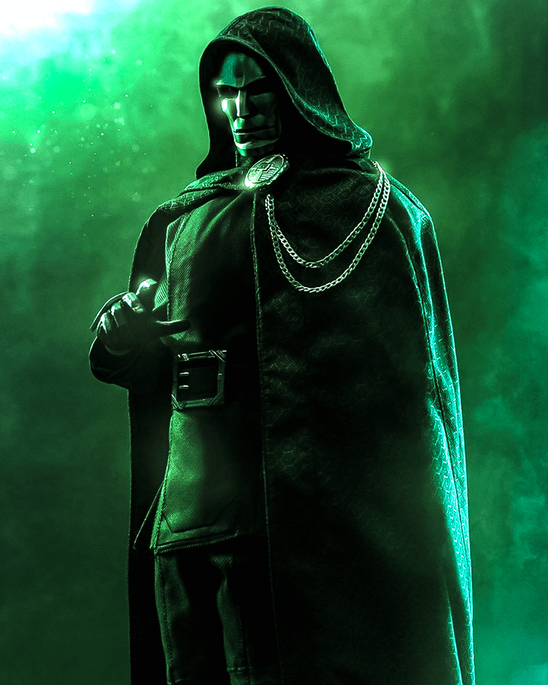 Doctor Doom statue in front of a green background for Avengers: Doomsday.