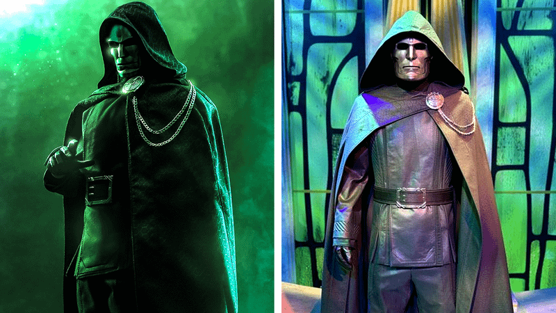 The Doctor Doom Hot Toys statue next to the standee from D23.