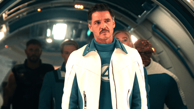 Focus on Pedro Pascal's Reed Richards in Avengers: Doomsday accompanied by Thor, Johnny Storm, Susan Storm, and Ben Grimm's The Thing.