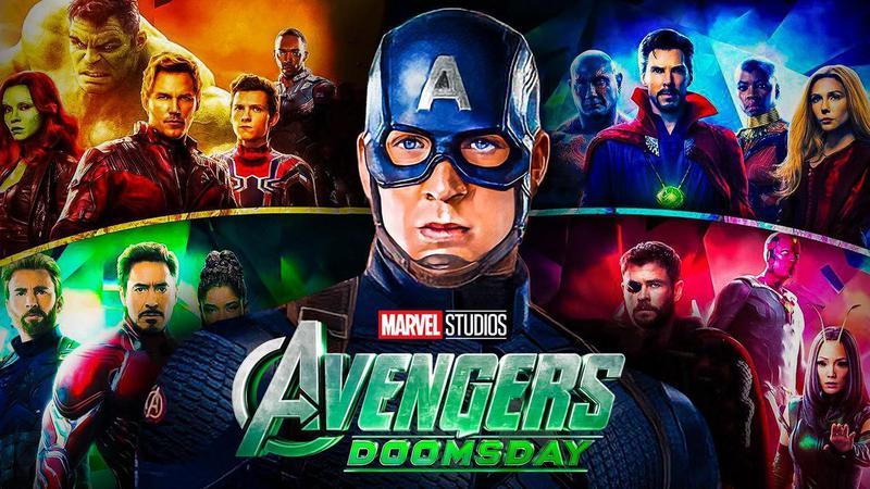 Avengers in four quadrants behind Chris Evans' Captain America, 'Avengers: Doomsday' title card.