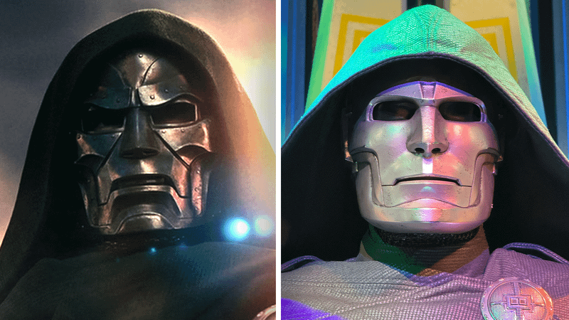 Doctor Doom mask in Doomsday trailer versus theater standee of second mask.