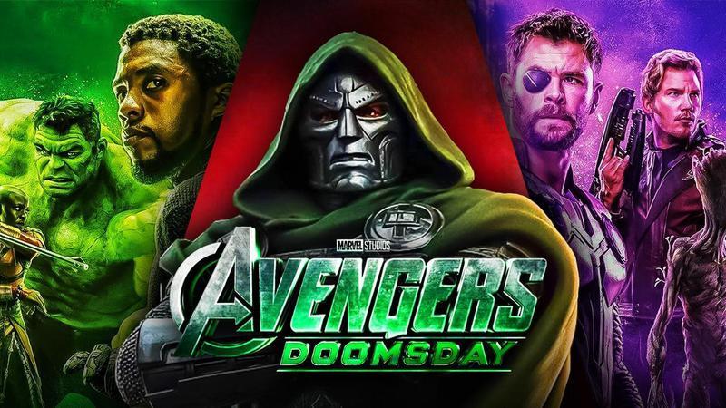 Doctor Doom with Avengers Doomsday Logo and Infinity War posters