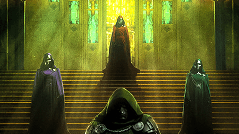 Three Latverian witches in Doom's throne room.