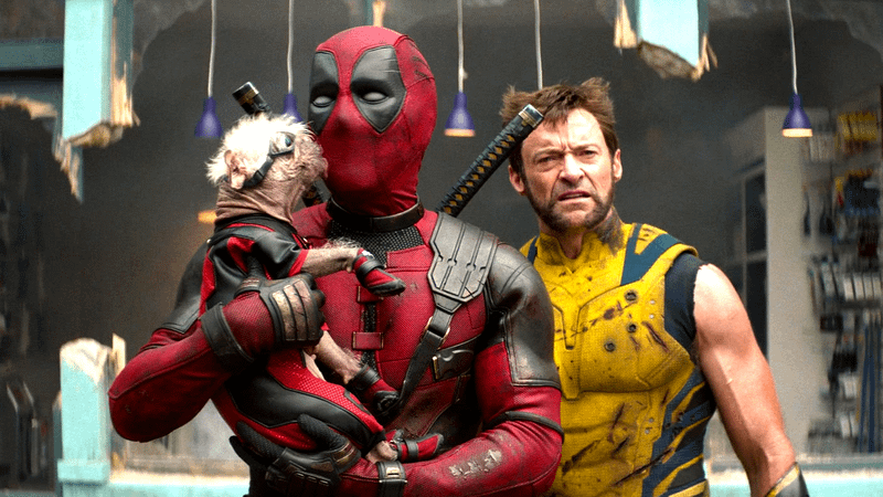 Dogpool, Deadpool, and Hugh Jackman as Wolverine in Deadpool & Wolverine