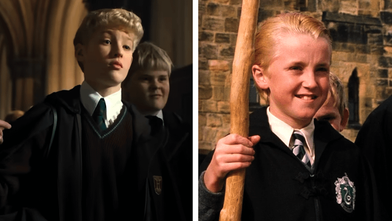 Lox Pratt as Draco Malfoy in 'Harry Potter and the Philosopher's Stone' show, Tom Felton as Draco Malfoy in 'Harry Potter and the Sorcerer's Stone' movie.