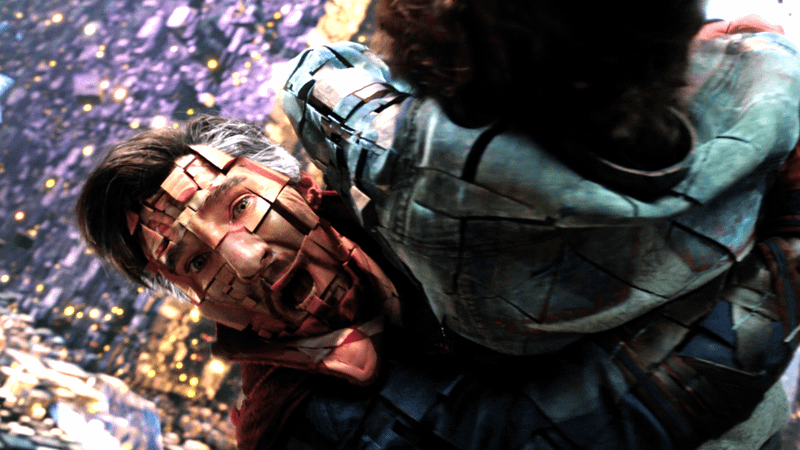 Doctor Strange and America Chavez fragmenting into blocks as they tumble through the Cube World.