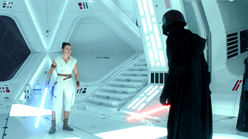 Rey and Kylo clashing sabers in The Last Jedi in a white ship
