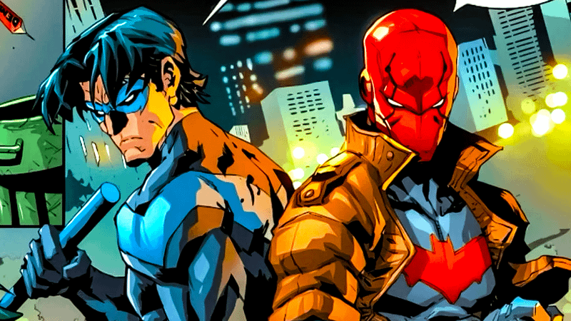 Dick Grayson and Jason Todd fighting side by side.
