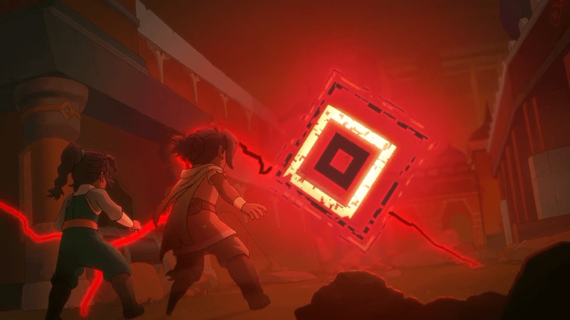 Pavi and Nashi facing off against energy spirit in Avatar: Seven Havens.