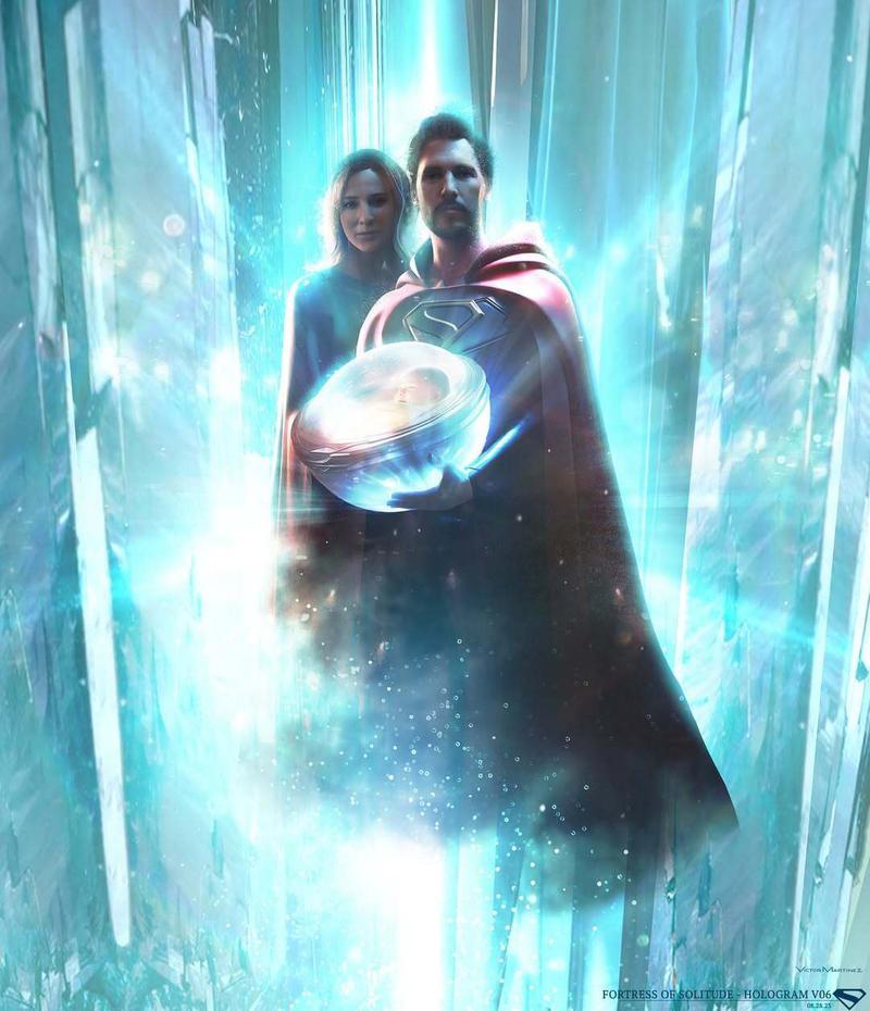 Superman 2025, Jor-El and Lara concept art, Eric Bana and Cate Blanchett.
