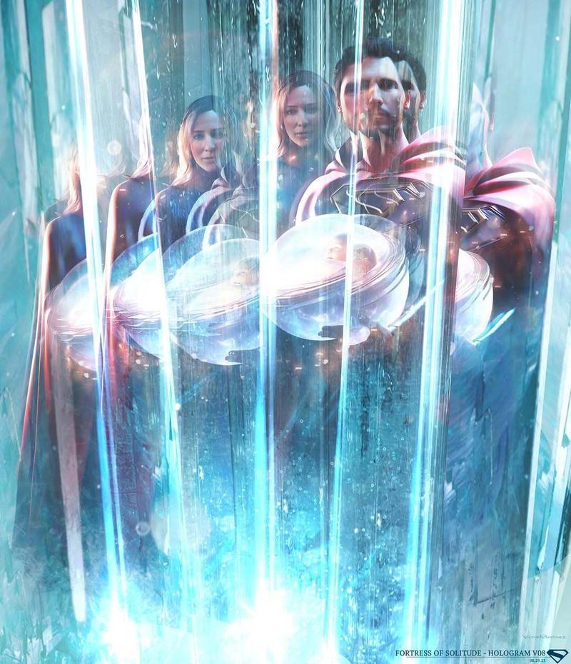 Superman 2025, Jor-El and Lara carrying baby Kal-El concept art, image in crystals.