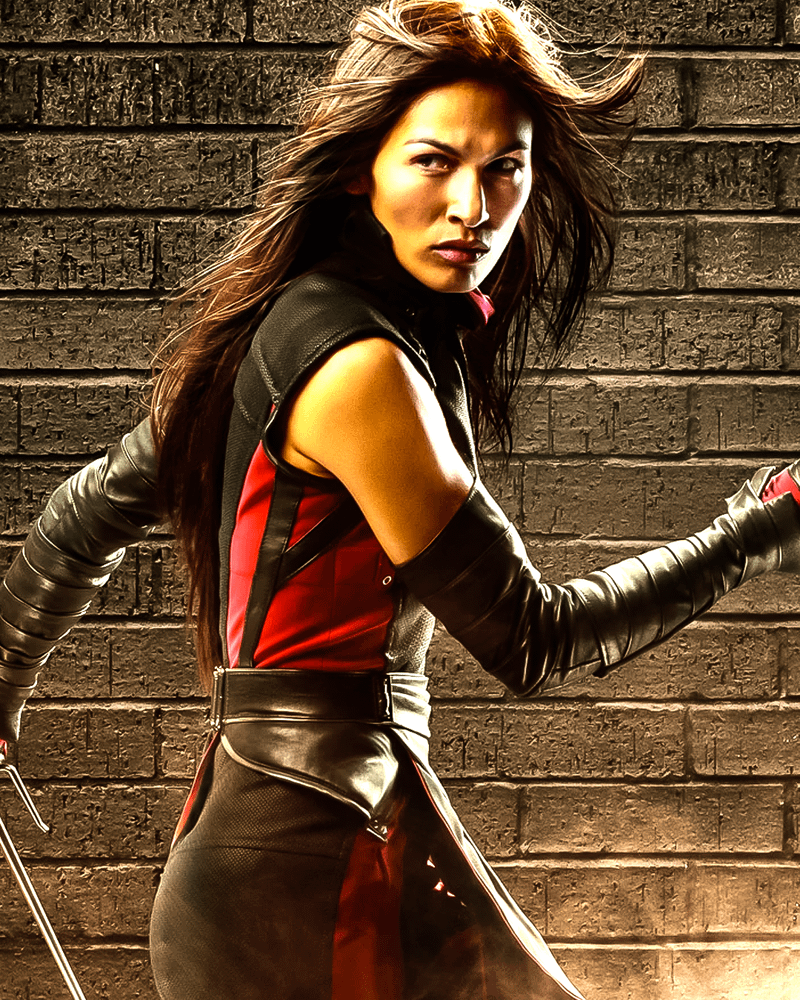 Elektra with a menacing look on her face.