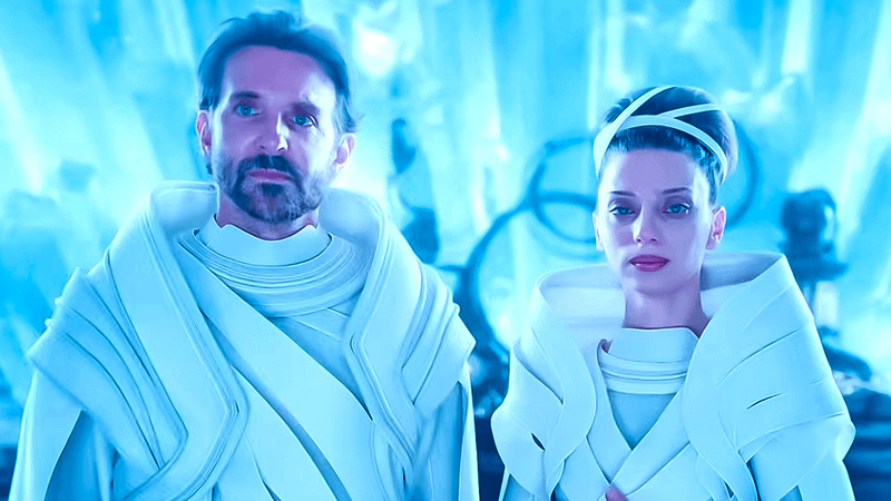 Bradley Cooper as Jor-El and Angela Sarafyan as Lara Lor-Van in 'Superman.'