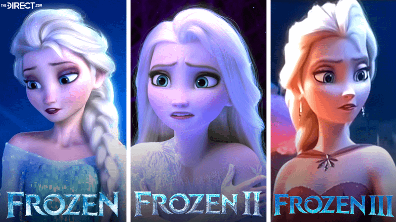 Elsa with her hair braided in Frozen, with her hair down in Frozen 2, and with her hair braided again in Frozen 3.