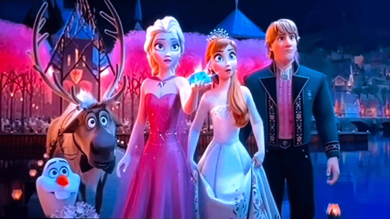 Olaf, Sven, Elsa, Anna, and Kristoff in Frozen 3.