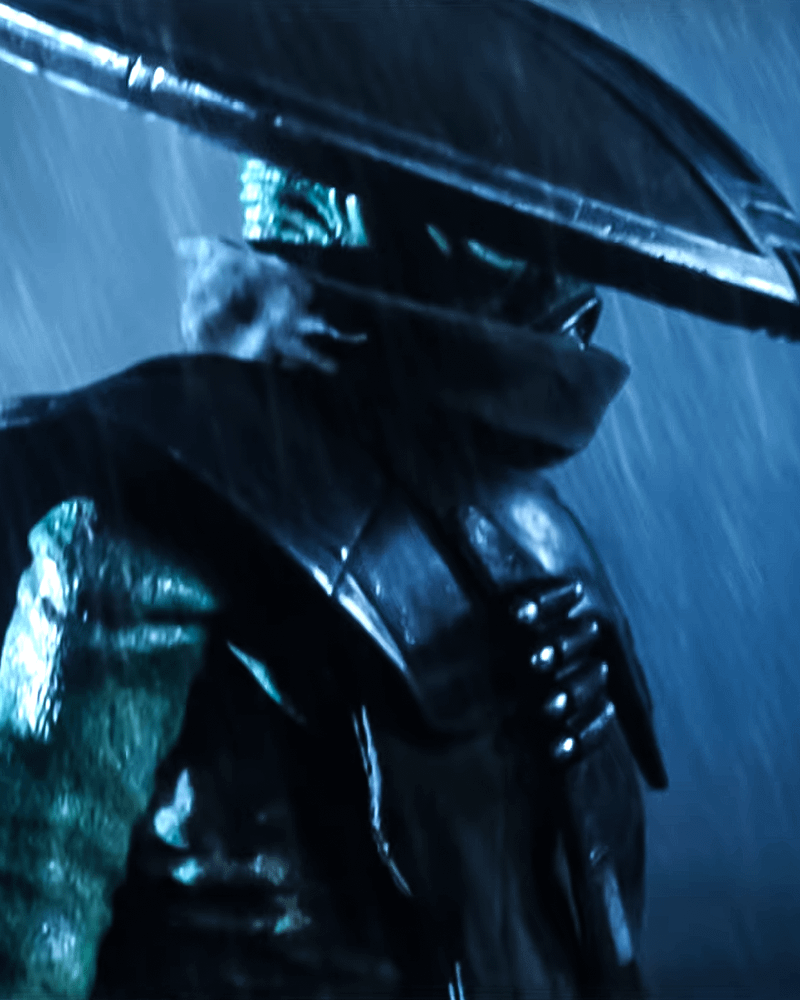 Embo approaching a hut on Nevarro in the rain.